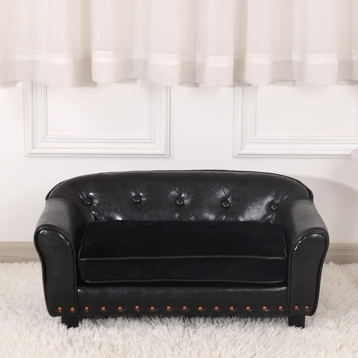 Dog Couch,Puppy Bed,Cat Sofa,Cat Couch,Pet Sofa,Dog Chair,Small Pet Bed with Copper Nail and Wooden Frame, Leather Fabric and Cushion,for Small Animals Using (Black)