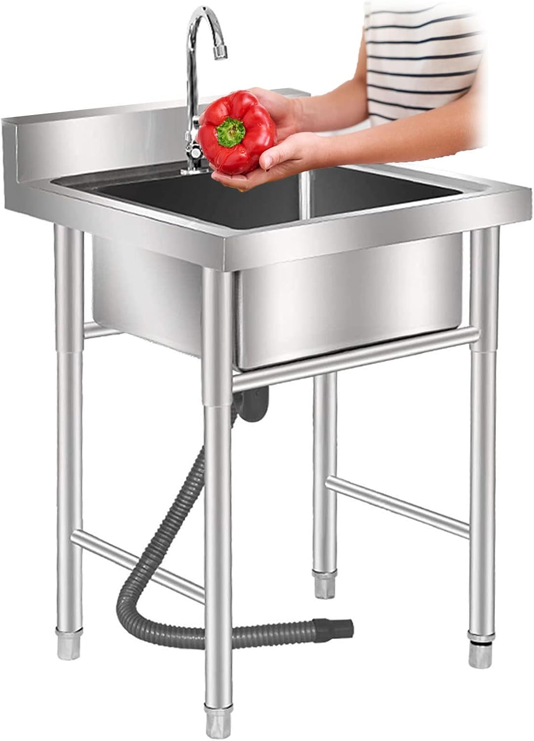 Single Bowl Sink 1 Compartment 304 Stainless Steel Commercial Kitchen Prep Utility Sink Free Standing Sink for Garage, Restaurant, Laundry Room, Indoor Outdoor