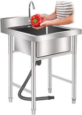 Single Bowl Sink 1 Compartment 304 Stainless Steel Commercial Kitchen Prep Utility Sink Free Standing Sink for Garage, Restaurant, Laundry Room, Indoor Outdoor