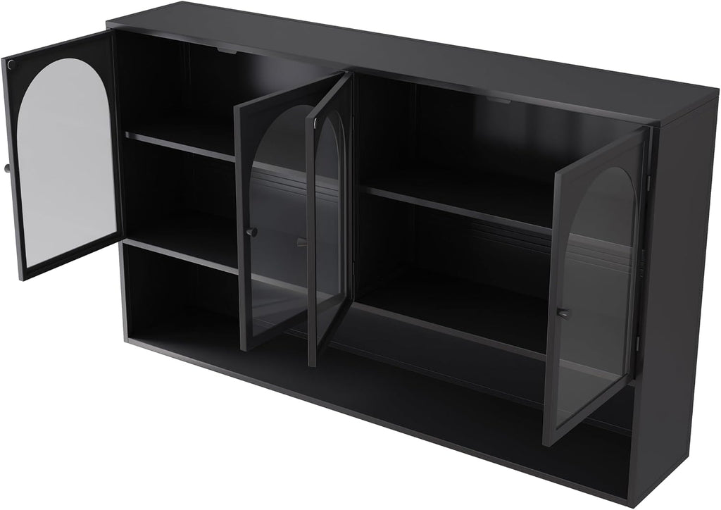 Retro Style Tempering Glass Door Wall Cabinet with Detachable Shelves and Open Shelves，for Office Dining Room,Living Room, Kitchen and Bathroom.Black