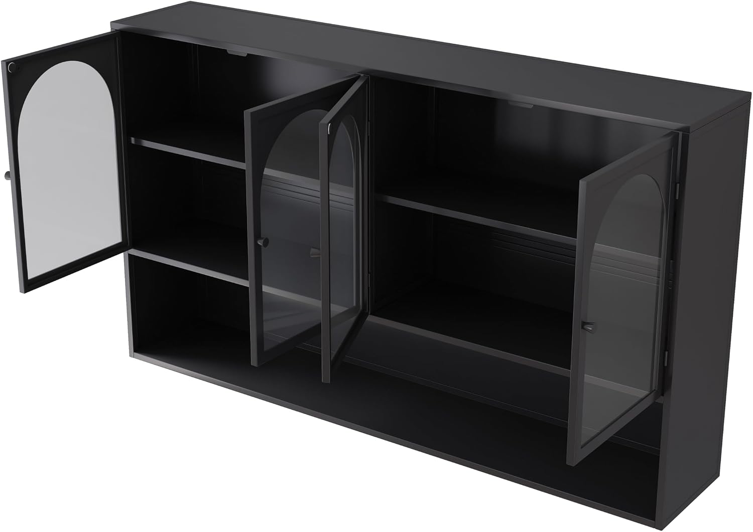 Retro Style Tempering Glass Door Wall Cabinet with Detachable Shelves and Open Shelves，for Office Dining Room,Living Room, Kitchen and Bathroom.Black