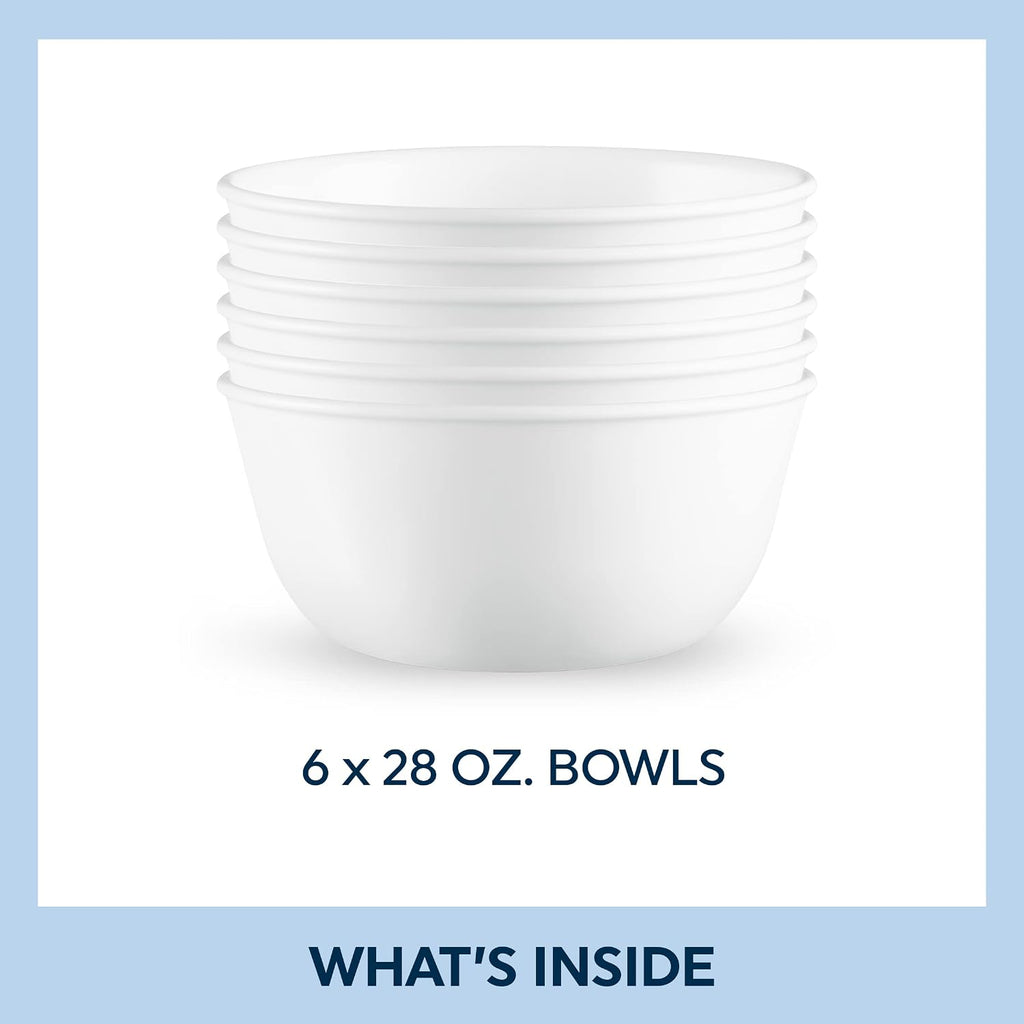 Corelle Vitrelle 18-Piece Service for 6 Dinnerware Set, Triple Layer Glass, Simple Sketch & Vitrelle 28-oz Soup/Cereal Bowls Set of 6, Winter Frost White