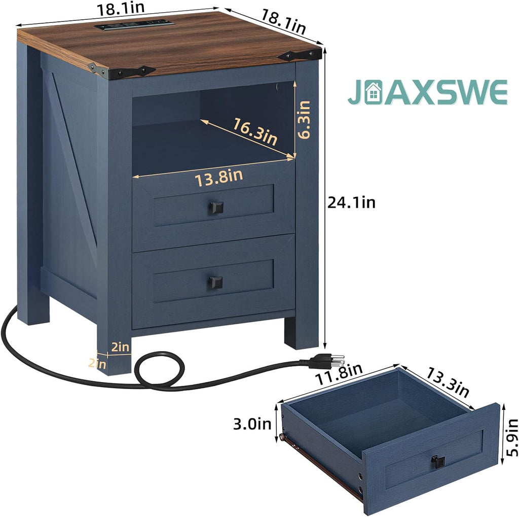 Joaxswe Nightstand with Charging Station, Farmhouse Night Stand with 2 Drawers and Shelf Storage, Blue Wooden Side End Table, Bedside Cabinet for Bedroom, Living Room, Closet,Office