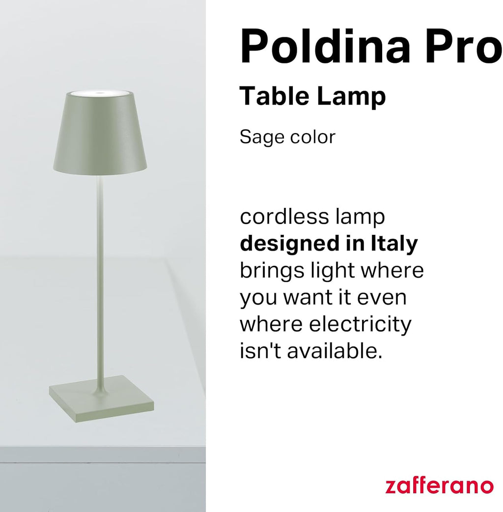 Zafferano, Poldina Pro Lamp, Rechargeable Cordless Table Lamp with Touch Controls, Suitable for Indoor and Outdoor, Dimmer, 2200-3000 K, Height 14.9 Inches, Sage Green Color