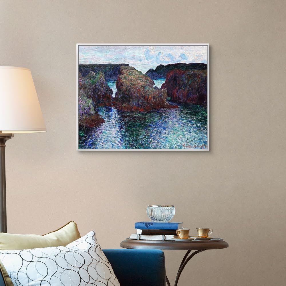 CANVAS ON DEMAND Rocks At Port-Goulphar, Belle-Ile White Float Framed Canvas Wall Art Print by Claude Monet, Classic, Impressionism, Traditional, Home Decor, Ocean Artwork,30' x24in