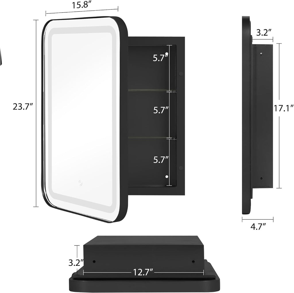 soges LED Medicine Cabinet Lighted Bathroom Mirror, Bathroom Vanity Mirror with 2 Storage Shelves, 24'x 16' Recessed Medicine Cabinet, Wall Mounted Deep Metal Framed Rounded Corner, Black