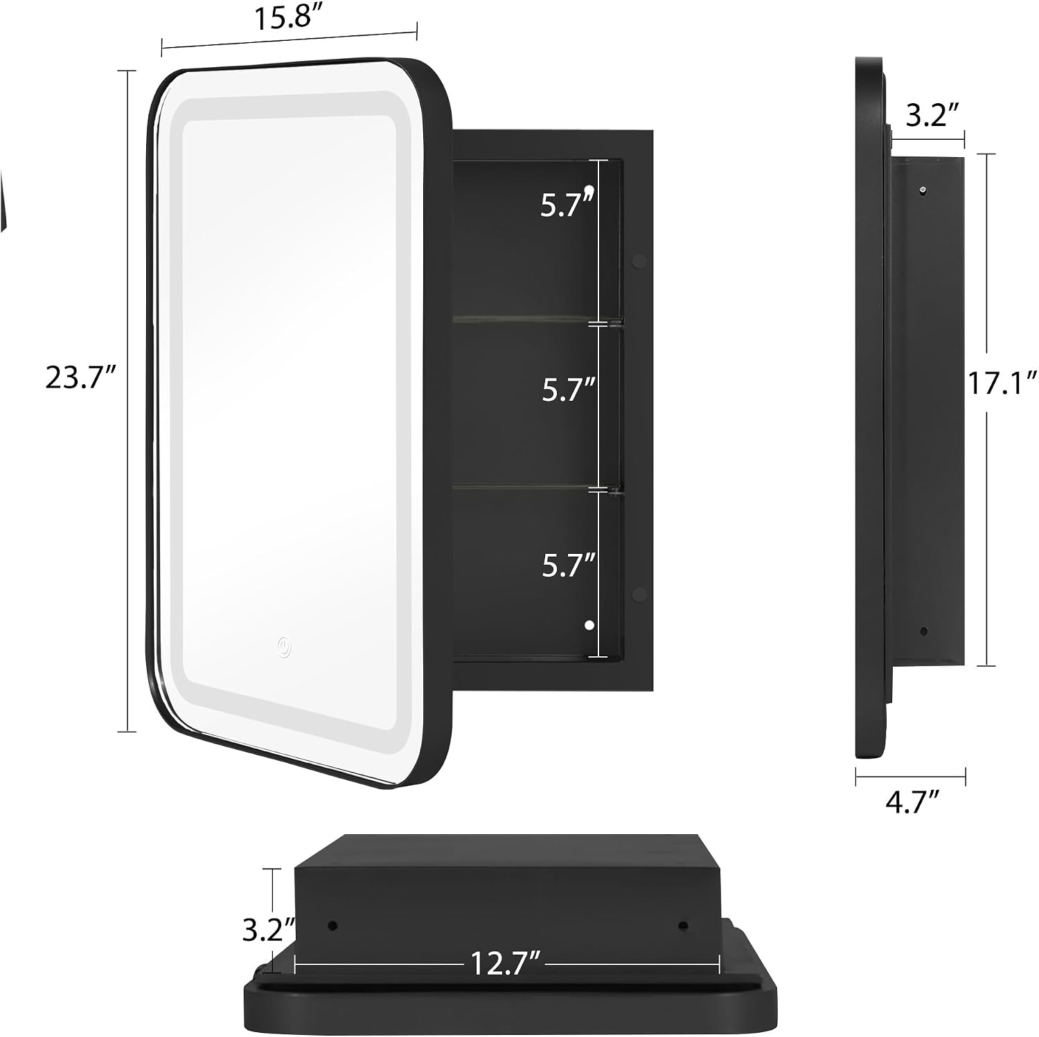 soges LED Medicine Cabinet Lighted Bathroom Mirror, Bathroom Vanity Mirror with 2 Storage Shelves, 24'x 16' Recessed Medicine Cabinet, Wall Mounted Deep Metal Framed Rounded Corner, Black