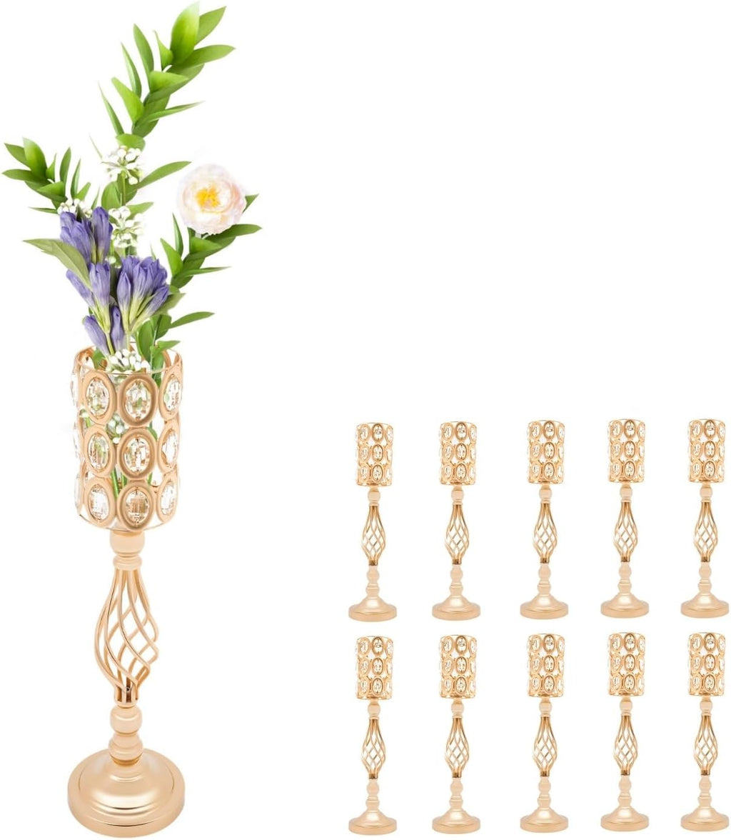 10PCS Wedding Flower Centerpieces for Tables, 61cm/24 Tall Crystal Wedding Decor Flower Stand Floral Display Rack Gold Vases for Tables Wedding Dinner Party, Ceremony Birthday Event Decor (Gold)