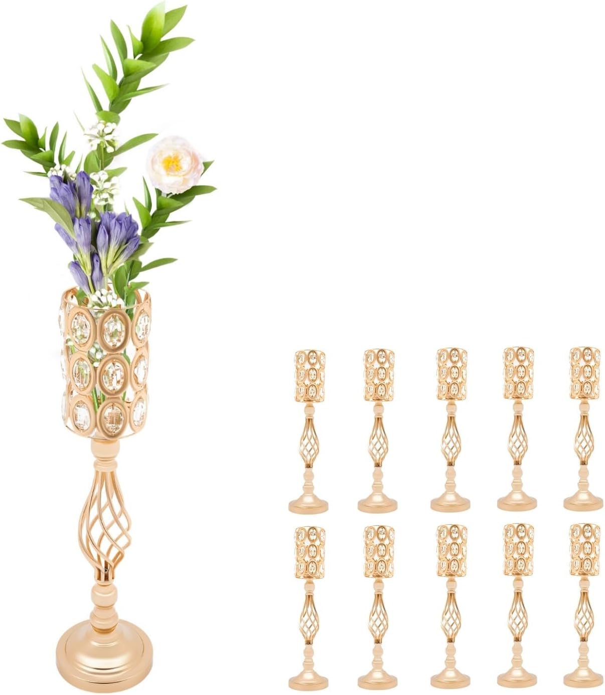 10PCS Wedding Flower Centerpieces for Tables, 61cm/24 Tall Crystal Wedding Decor Flower Stand Floral Display Rack Gold Vases for Tables Wedding Dinner Party, Ceremony Birthday Event Decor (Gold)