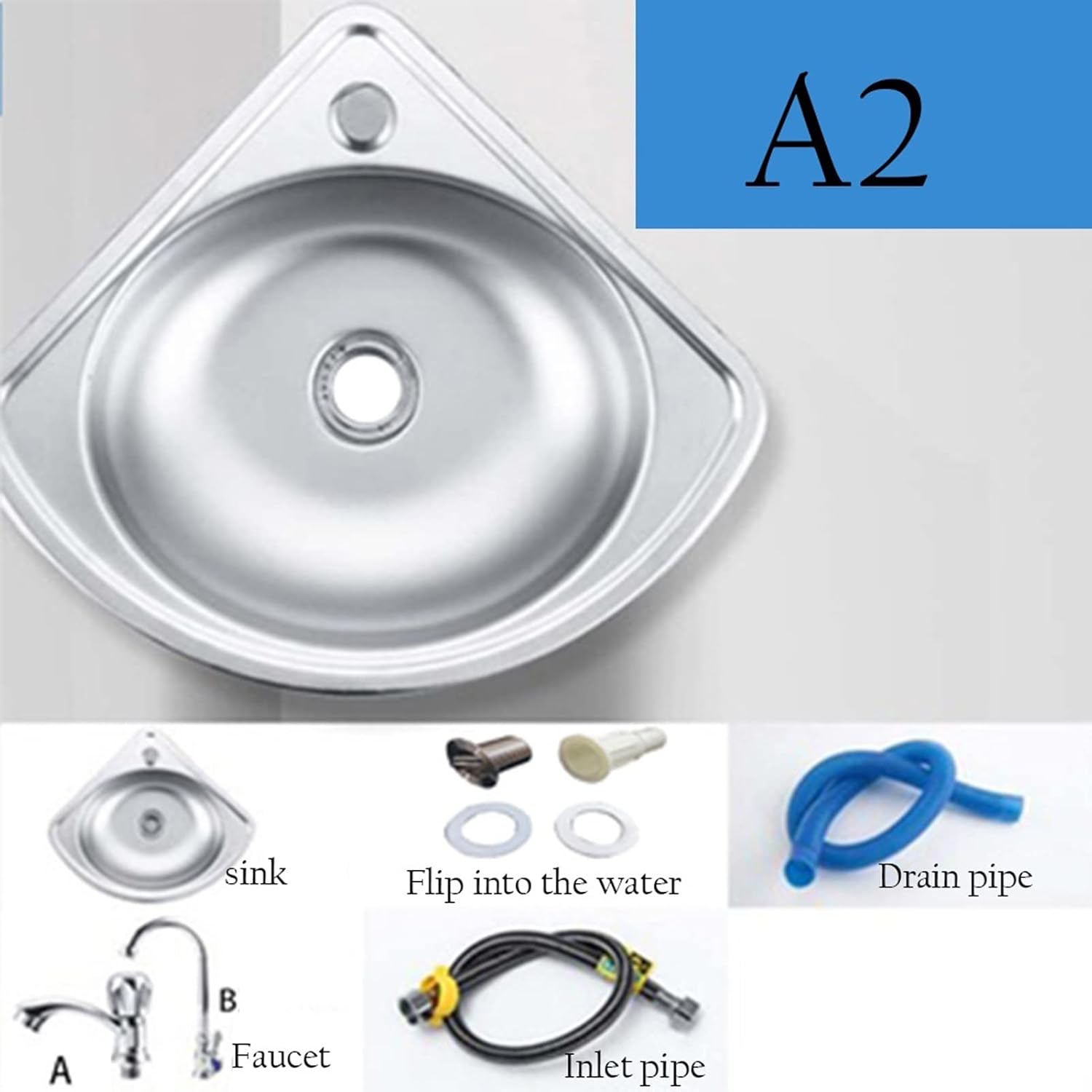Stainless Steel Wall-Mounted Single Bowl Sink Triangle Wash Basin Thick Small Sink Corner for Kitchen Bathroom Lavatory (Color : Silver, Size : A(34x34cm)) (Silver A2(34x34cm))