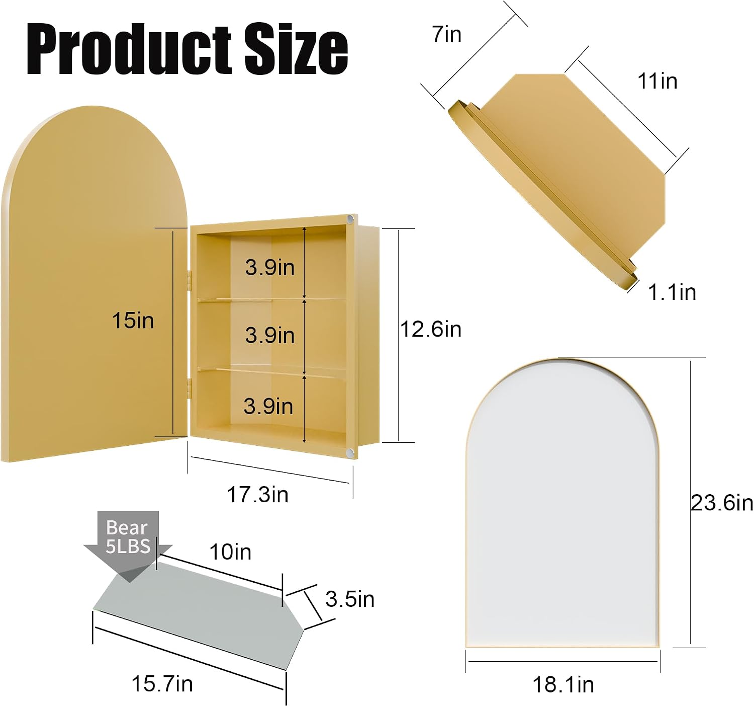18x24 Inch Metal Corner Medicine Cabinet with Arched Mirror, Matte Gold, Adjustable Tempered Glass Shelves, Space-Saving Wall-Mounted Bathroom Storage Organizer for Small Bathrooms