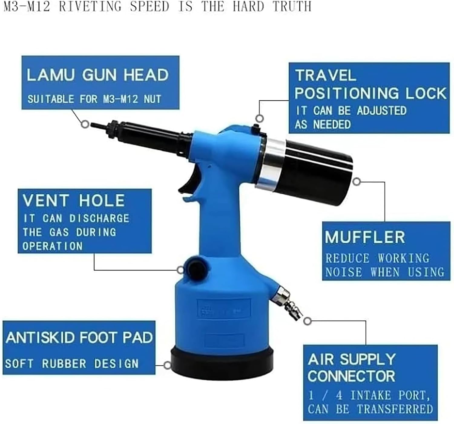 Heavy Duty Air Hydraulic Rivet Nut Tool Kit, Pneumatic Air Riveter, Powerful Pop Rivet Gun with 7 Nosepieces incl.M3-M12, 19.1kN working tension for Mechanic Tool, Construction, Home Improvement