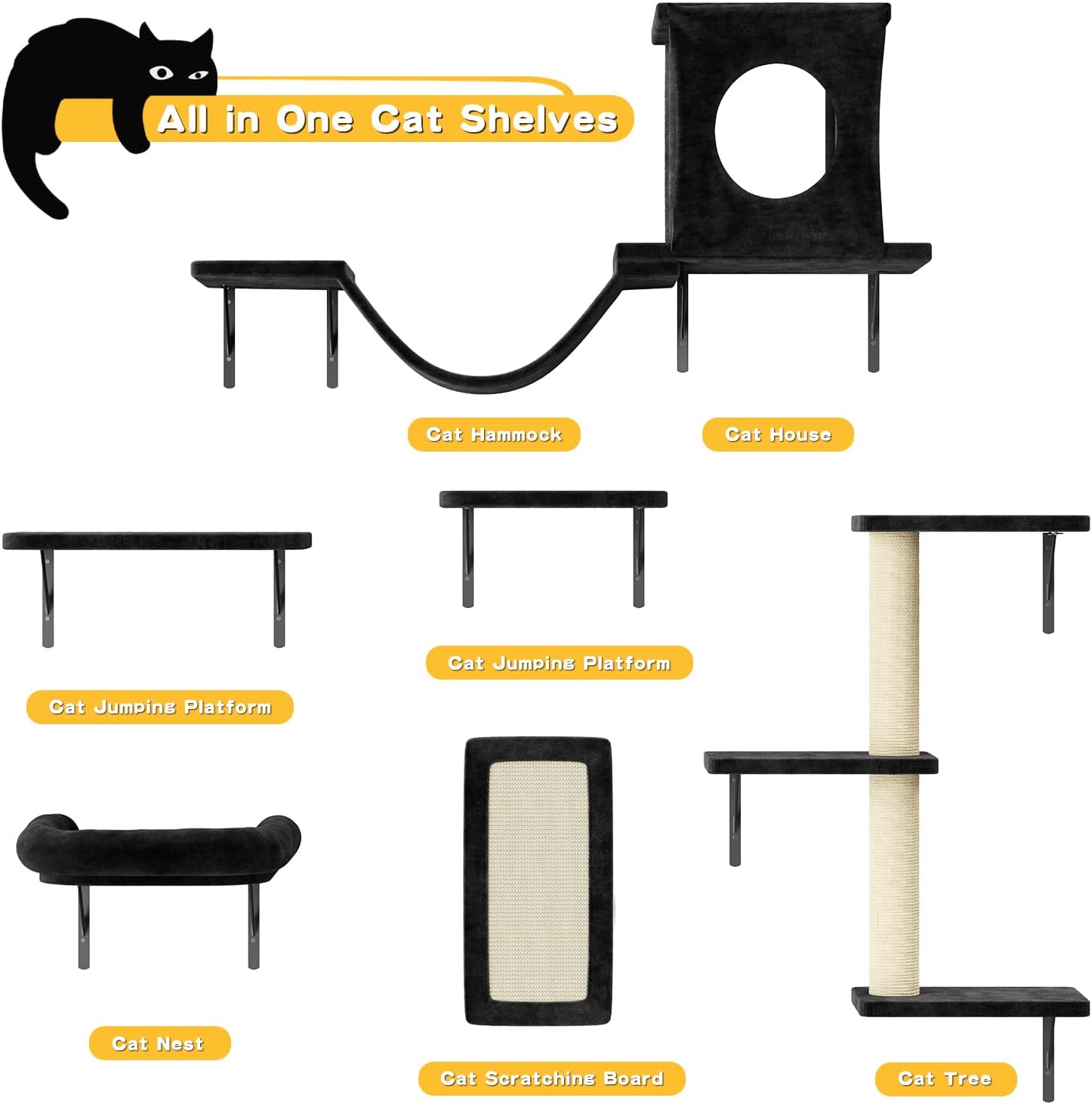 12-in-1 Cat Wall Shelves, Wall Mounted Cat Climber with Condo House, Scratching Post, Bridge Ladder, Space-Saving Indoor Play Furniture for Kittens, Black