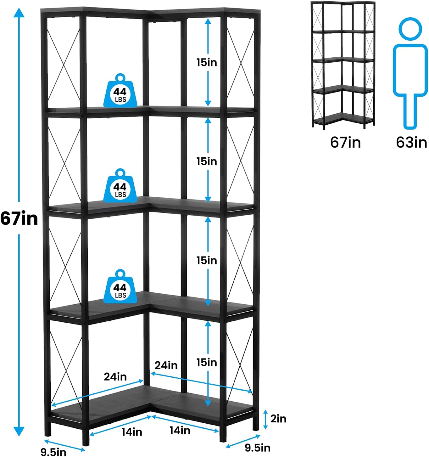 Corner Bookshelf, 5 Tier Industrial Style Design Corner Shelf with Metal Frame and Open Shelves for Living Room, Bedroom, Study, Black
