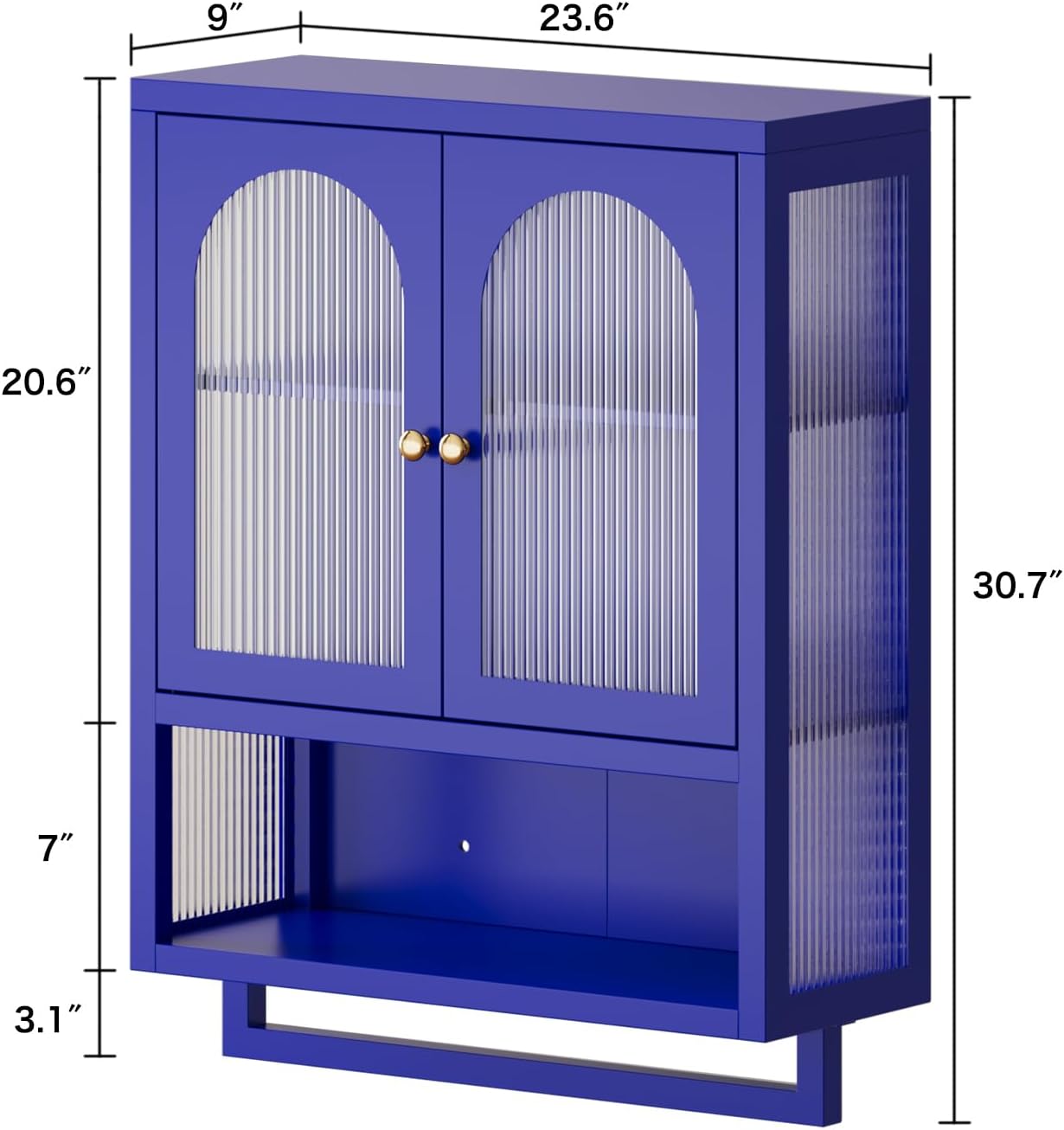 Modern Metal Wall Mount Bathroom Medicine Cabinet Above Toilet Storage with Fluted Glass Doors Towel Bar & Adjustable Shelves for Bathroom, Kitchen, Laundry Room, Dining Room, Blue