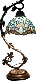 WERFACTORY Tiffany Lamp Sea Blue Stained Glass Dragonfly Style Desk Reading Light, Metal Leaf Table Lamp Base 8X10X21 Inches Decor Small Space Bedside Bedroom Home Office S147 Series