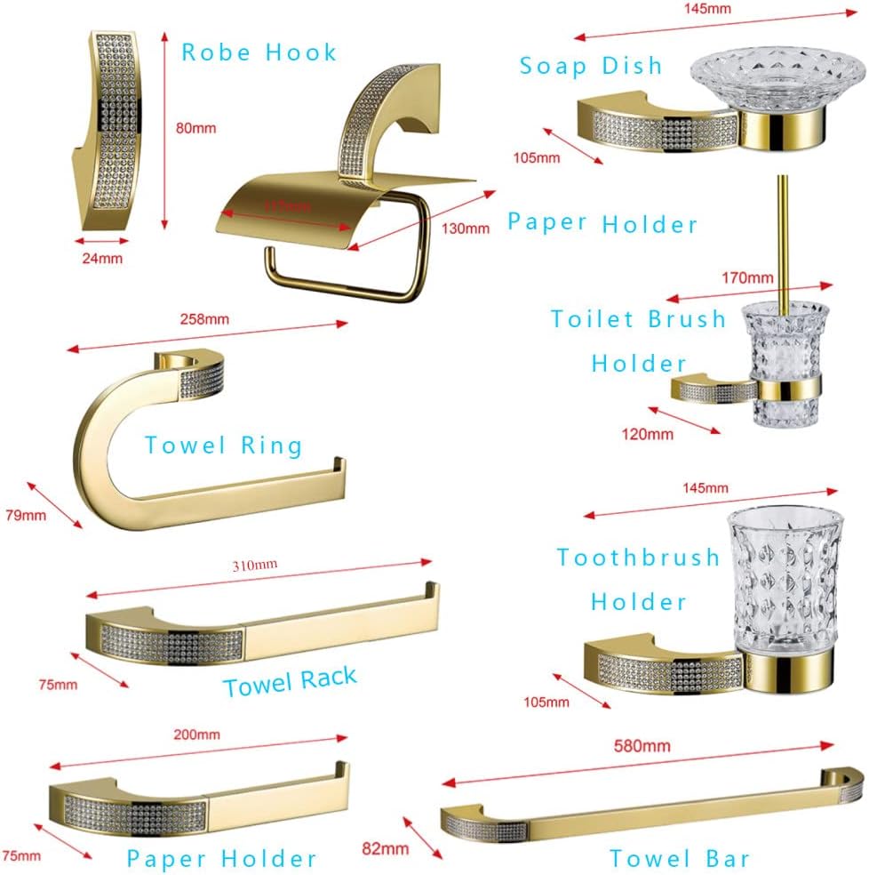 Crystal Bathroom Hardware Set Robe Hook Towel Rail Rack Bar Shelf Toothbrush Holder Bathroom Accessories Gold/Chrome,Rack Bar Gold