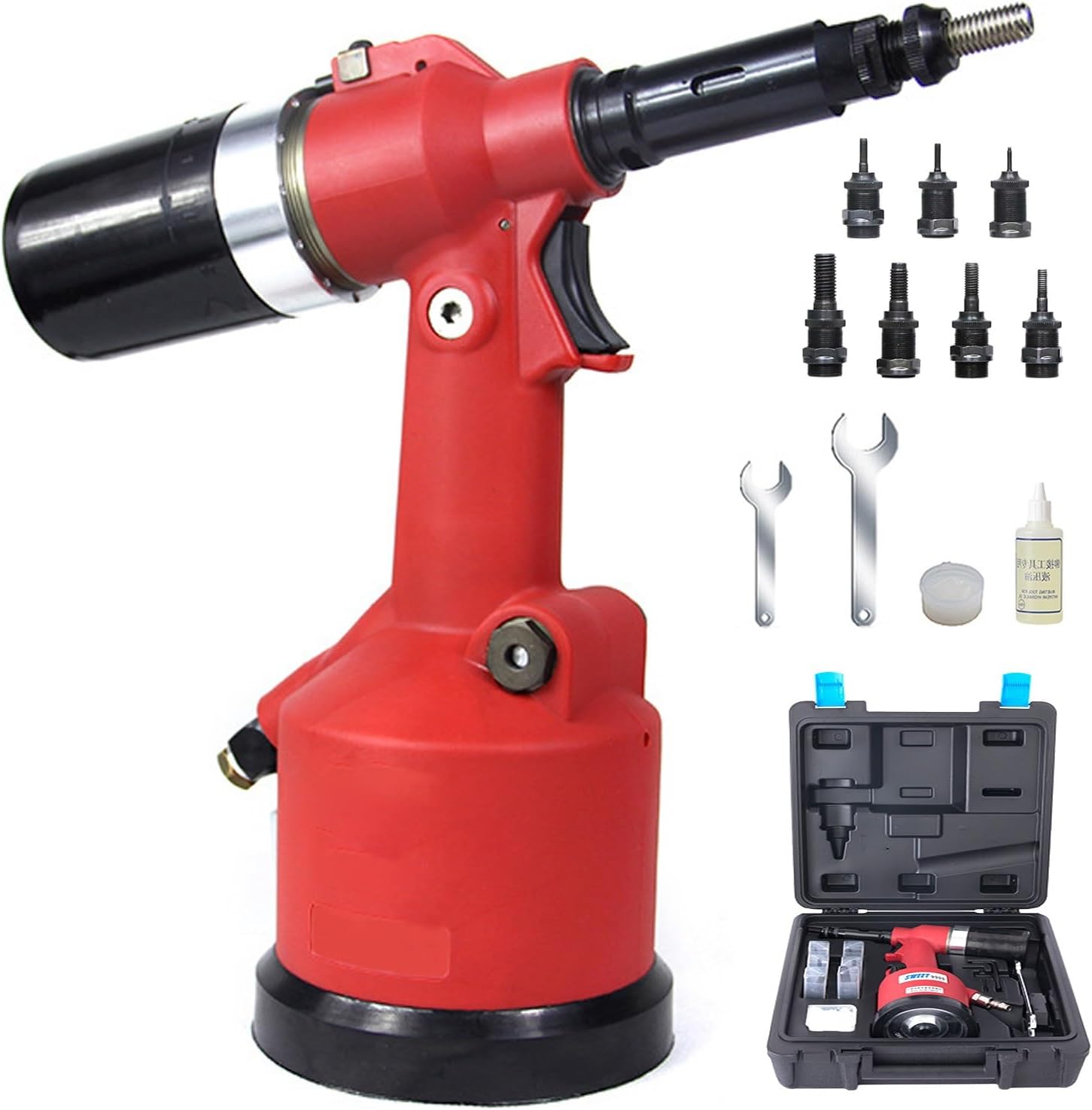 Heavy Duty Air Hydraulic Rivet Nut Tool Kit, Pulling Force Pop Rivet Gun Tool Kit with 7 Replaceable Nozzles Rivets & Toolbox, Automatic Air Rivet Hammer for Construction(Blue) (Red)