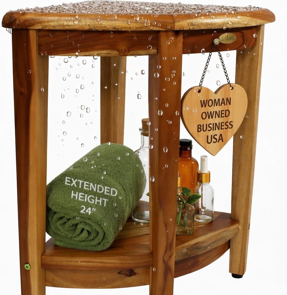 EcoDecors 24' Extended Height Snazzy Corner Natural Color Waterproof Teak Wood Shower Bench Stool Seat Chair for Inside Shower Storage Shelf Provides Safety and Storage for Bathroom Accessories