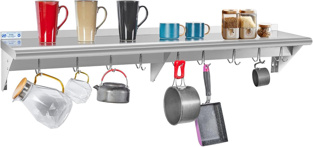 Hally Stainless Steel Shelf with 9 Hooks 12' x 60' Wall Mounted Pot Rack 315lb, NSF Commercial Floating Shelving for Storage Hanging Pots, Pans, cookware in Restaurant, Kitchen, Home and Hotel