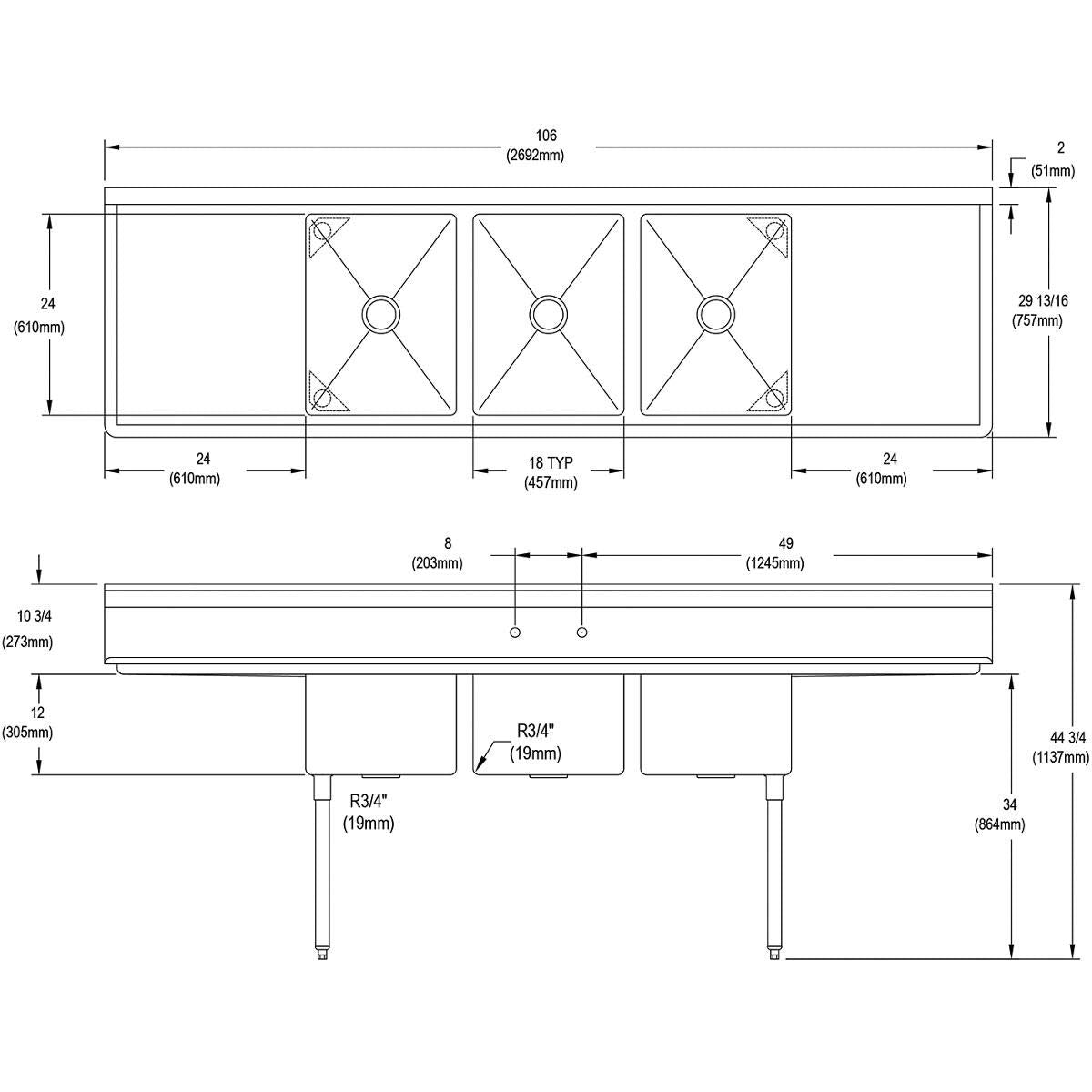 Elkay Dependabilt Stainless Steel 106' x 29-13/16' x 44-3/4' 16 Gauge Three Compartment Sink w/ 24' Left and Right Drainboards & Stainless Steel Legs