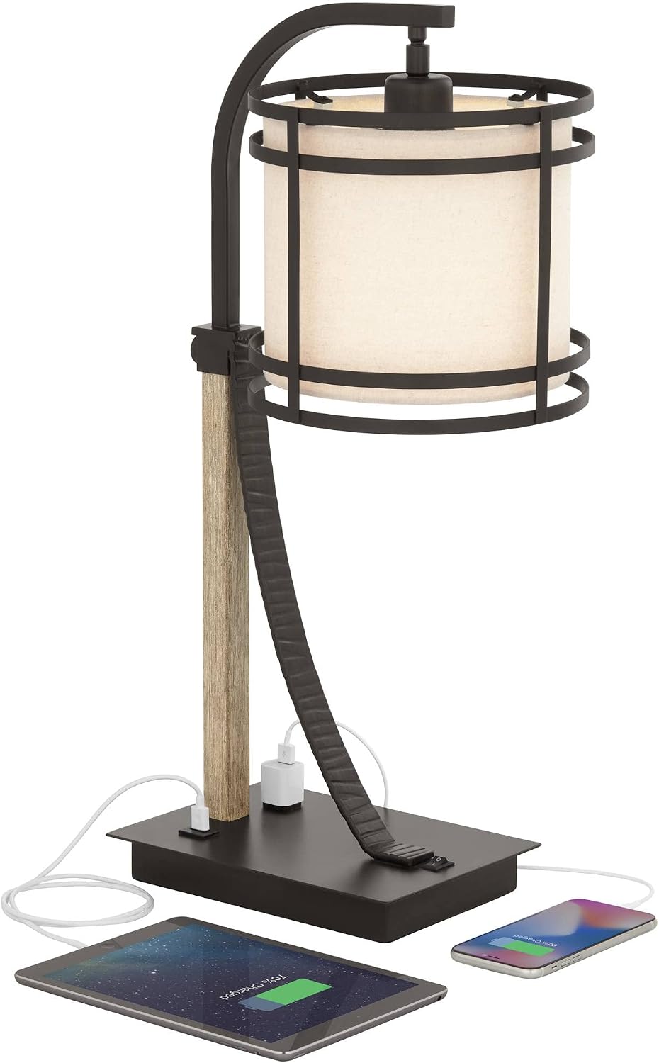 Franklin Iron Works Gentry Industrial Desk Table Lamp 22' High with USB and AC Power Outlet in Base Oil Rubbed Bronze Faux Wood Metal Cage Oatmeal Drum Shade for Cottage Core Bedroom Desk
