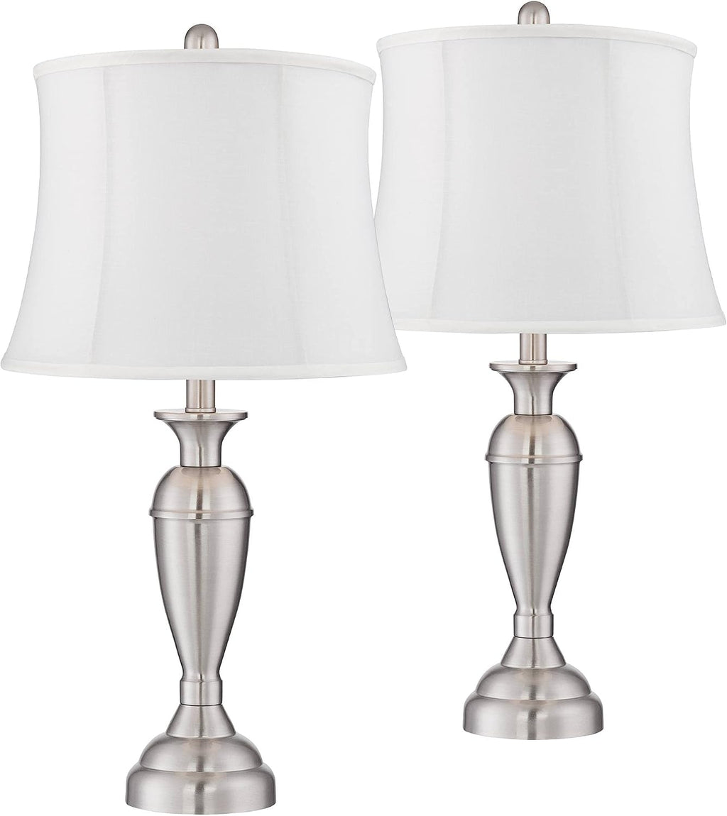 Regency Hill Blair Traditional Table Lamps 25' Tall Set of 2 Brushed Nickel Silver Metal Candlestick White Softback Fabric Drum Shade for Bedroom Living Room House Bedside Nightstand Office