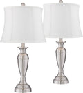 Regency Hill Blair Traditional Table Lamps 25' Tall Set of 2 Brushed Nickel Silver Metal Candlestick White Softback Fabric Drum Shade for Bedroom Living Room House Bedside Nightstand Office