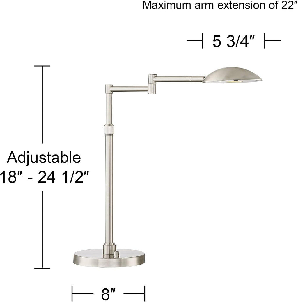 Possini Euro Design Eliptik Modern Desk Table Lamp 24 1/2' High Satin Nickel Metal LED Swing Arm Adjustable Height Decor for Bedroom Living Nightstand Bedside Office Kids Room House Home Family