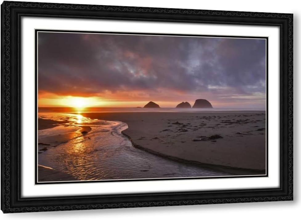 Terrill, Steve 18x15 Black Ornate Framed and Double Matted Museum Art Print Titled Oregon, Oceanside Sunset on Three Arch Rocks
