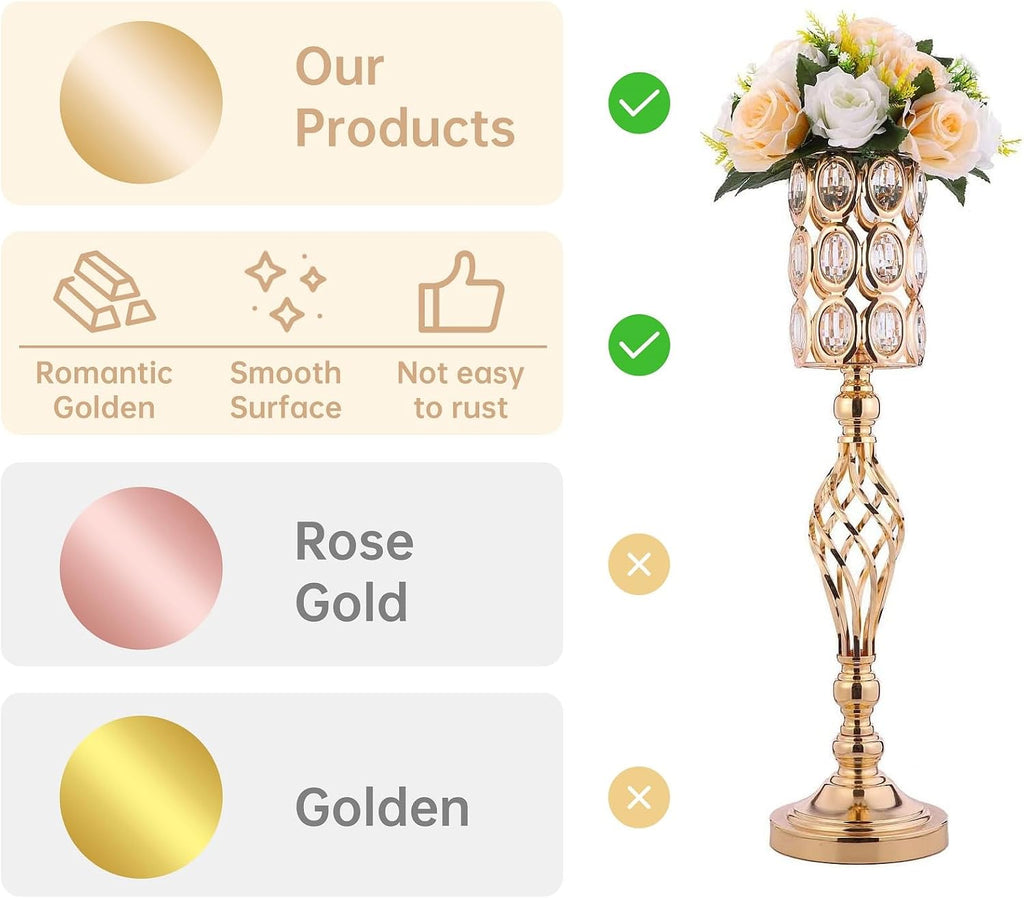 Crystal Wedding Centerpiece Vases for Tables - Set of 10 Metal Gold Vases, 24in Tall Versatile Flower Holders, Elegant Flower Stands for Centerpieces Wedding Party Reception Christmas Home Decor