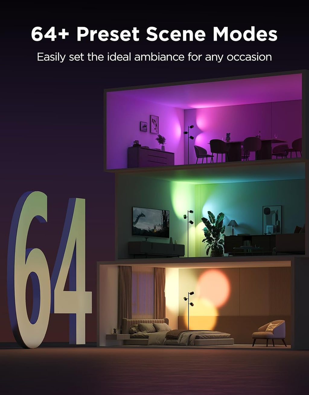 Govee Tree Floor Lamp Compatible with Matter, 3 Rotatable Lights with LuminBlend Technology, Standing Lamp with 64 Dynamic Scenes, Music Sync, Ideal Floor Lamp for Living Room, Bedroom, Office