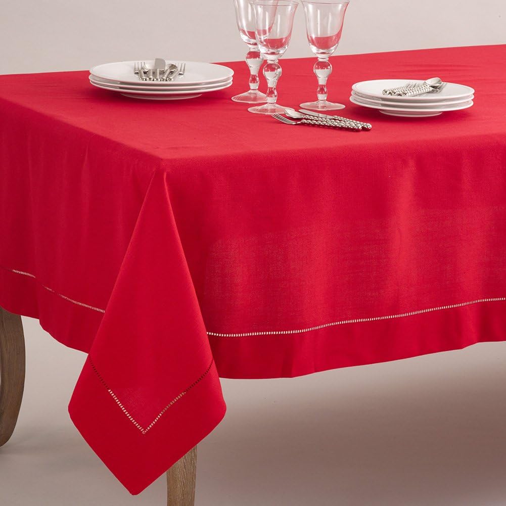 Red Hemstitched Border Holiday Tablecloth, 70 inch X 180 inch Rectangular