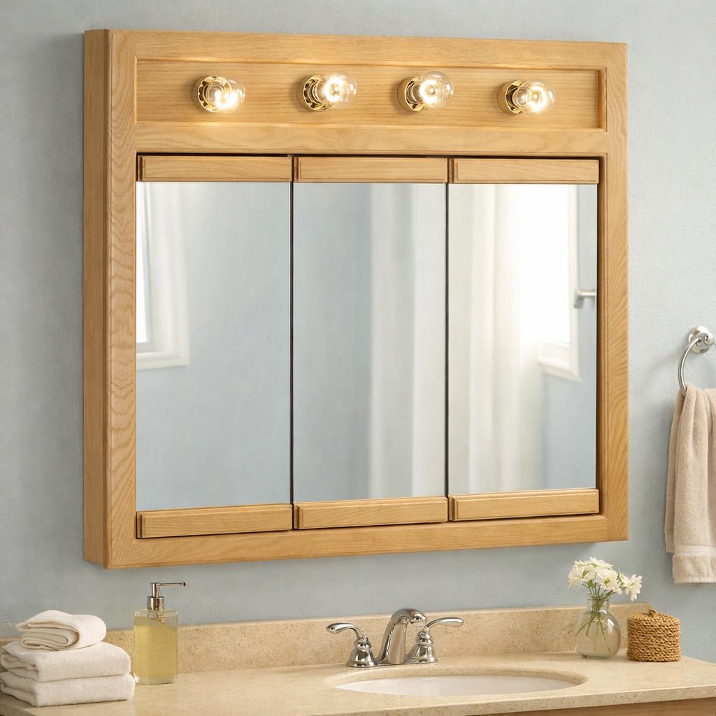 Design House Richland Medicine Cabinet with 4 Lights, Fully Assembled, Wall Mounted, 3 Mirrored Doors, Wood Frame, Oak Finish, 30 in x 5 in x 30 in, 530600-NOK