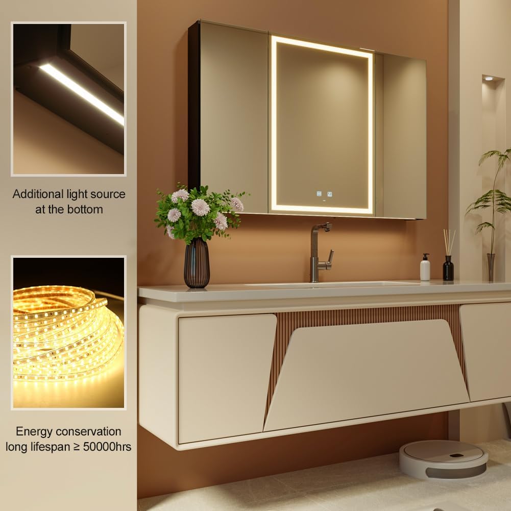 KWW LED Lighted Bathroom Medicine Cabinet with Sockets & USBs, Defogger, Dimmable, 3 Color Light Makeup Mirror, Easy to Install, Wall Mounted Cabinet (3 door-40 * 28)