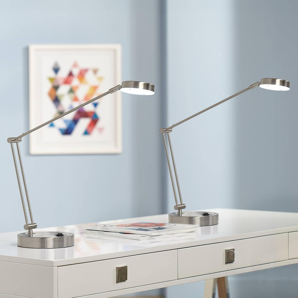360 Lighting Jarrett 19' High Small Modern Desk Lamps Set of 2 Adjustable LED Silver Satin Nickel Finish Metal Shade Home Office Living Room Bedroom Bedside Nightstand House Reading Kitchen