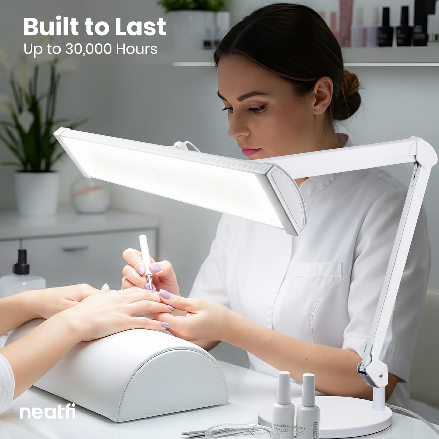 Neatfi Ultra 3,500 Lumens LED Desk Lamp with Base– 45W, 270 SMD LEDs, Shadow-Free | Adjustable Brightness | Non-Flickering Task Light for Nail, Craft & Office (White-3, 26-Inch Wide Shade)