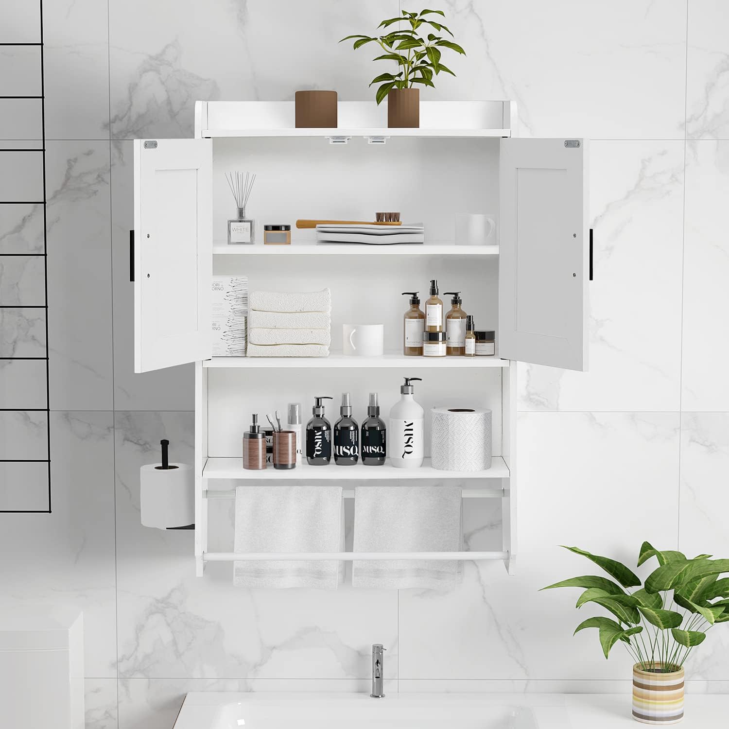 apexnova Bathroom Wall Cabinet, Wooden Medicine Cabinet Over The Toilet with Adjustable Inner Shelf, Wall Mounted Cabinet with Doors for Bathroom Storage, Hanging Cabinet for Wall with Towels Bar