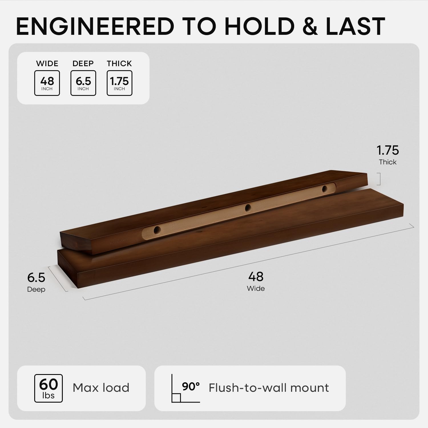 Homeforia 48 inch Walnut Floating Shelf, High End Solid Real Wood Large 48inch Floating Shelves for Wall, Dark Brown 48 inches Long Floating Shelves, Heavy Duty Bracket, 48 X 6.5 X 1.75 inch, Set of 2