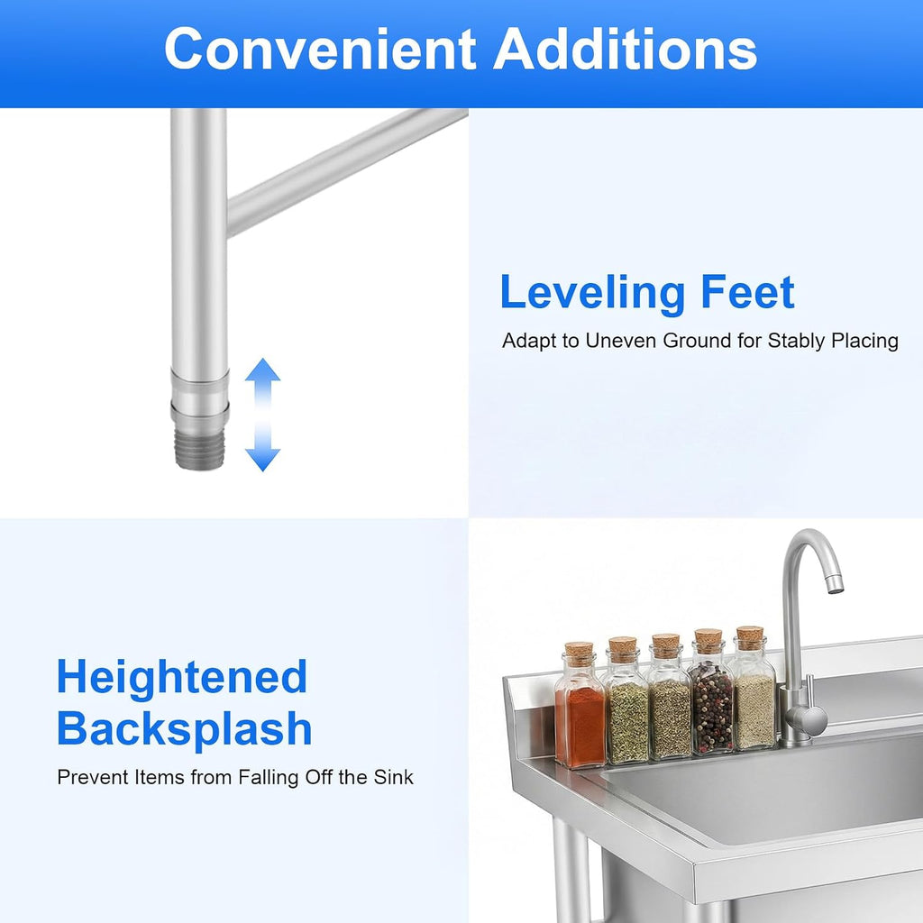 Stainless Steel Sink Single Bowl Commercial Utility Sink Free Standing Kitchen Sinks with Cold and Hot Water Faucets for Kitchens, Garage, Laundry Room (31.5' W x 23.6' D x 36.6' H)