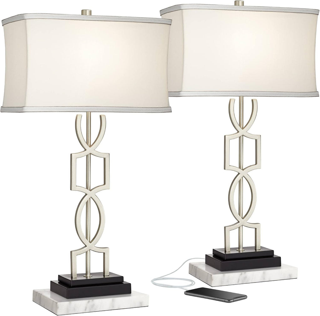 360 Lighting Evan Modern Table Lamps with White Marble Risers USB Charging Port 28 1/2' Tall Set of 2 Brushed Nickel Rectangular Shade for Bedroom Living Bedside Nightstand Home Office Desk