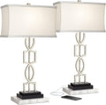 360 Lighting Evan Modern Table Lamps with White Marble Risers USB Charging Port 28 1/2' Tall Set of 2 Brushed Nickel Rectangular Shade for Bedroom Living Bedside Nightstand Home Office Desk