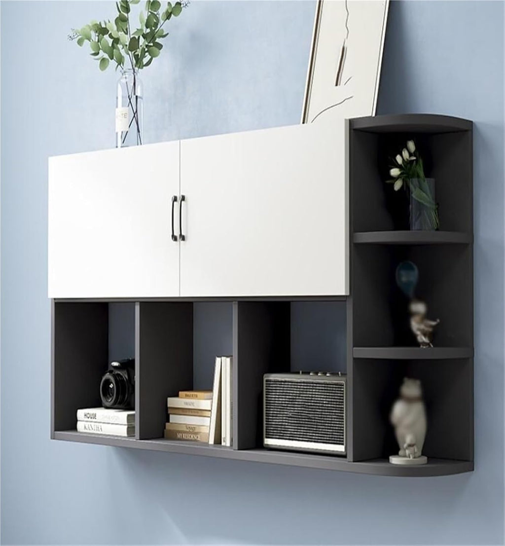 Wall Mounted Storage Cabinet with 2 Doors Floating Hanging Bookshelf with Open Shelves Simple Solid Wood Multi-Layer Racks for Home Office Living Room(Black,80 cm)