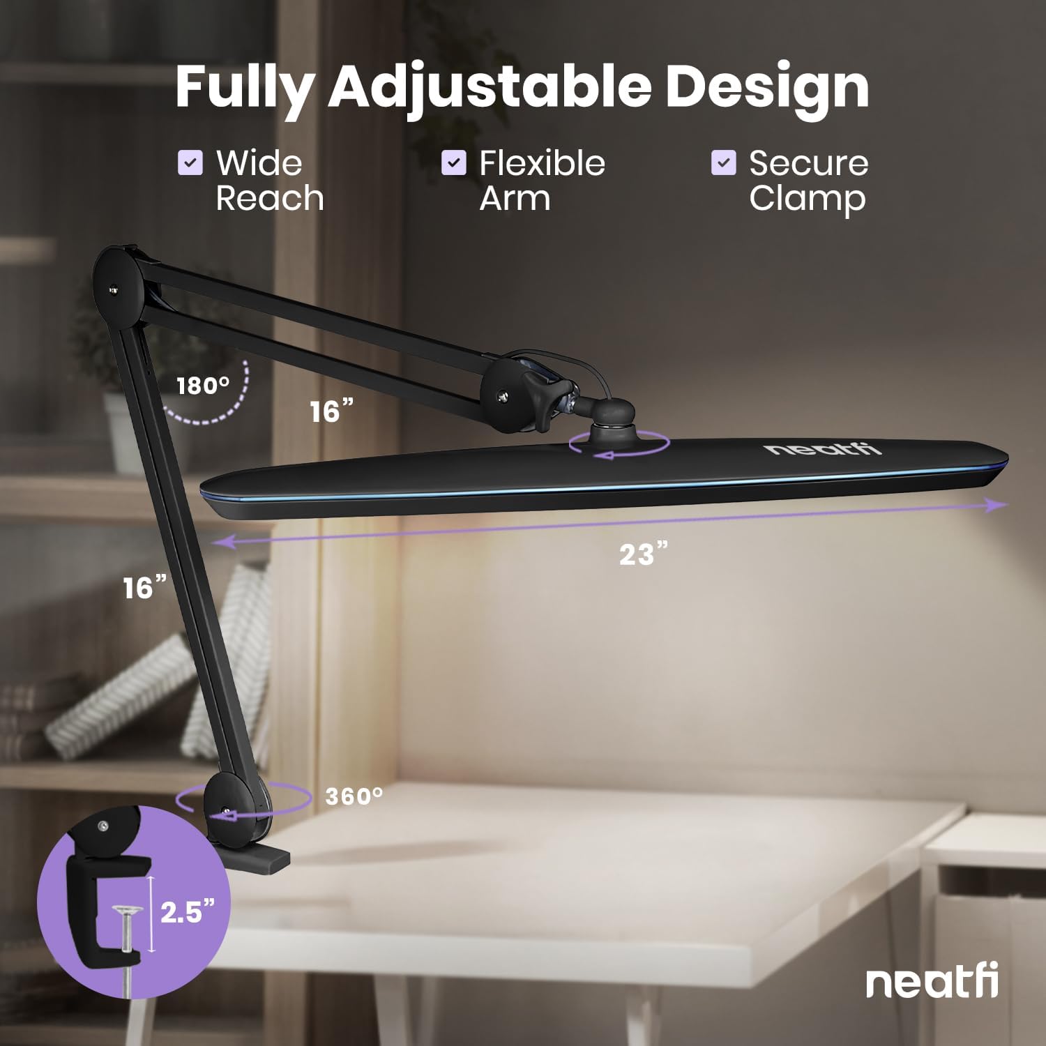 Neatfi XL 2,200 Lumens 24W LED Desk Lamp – 23' Wide Shade | Dimmable Eye-Caring Task Light | Adjustable Arm | Home Office, Study, Crafts & Nail Tech (Black, Non-CCT with Clamp)