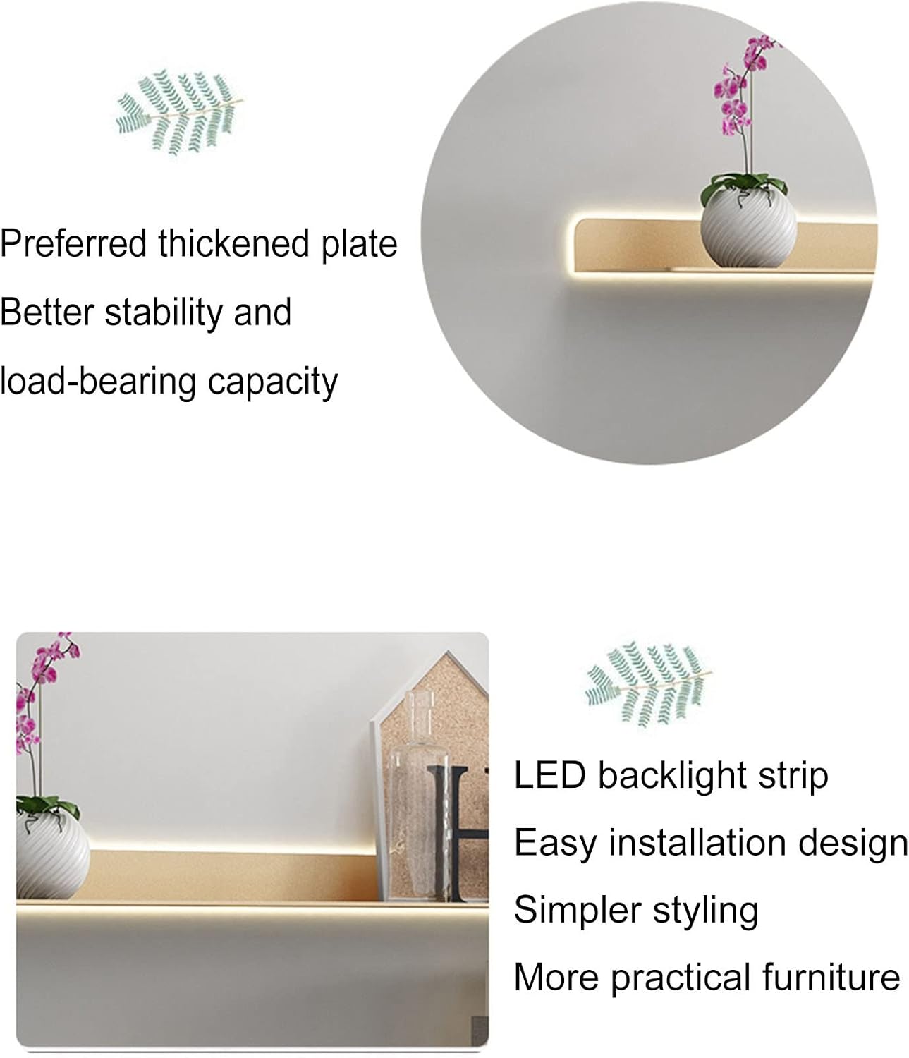 LED Light Aluminum Wall Shelves, Floating Wall Shelves Floating Shelves Wall Mounted Light-Emitting Shelves for Plant Shelf Or Bookshelf (Gold-60x20cm