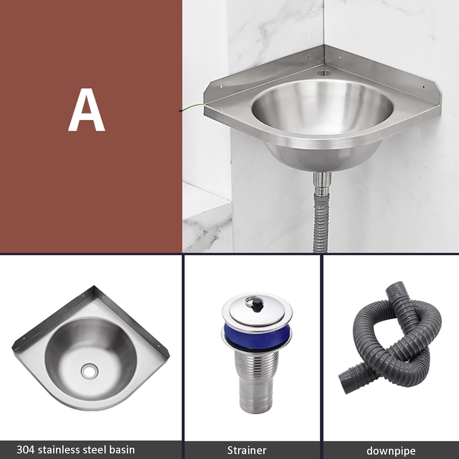 Stainless Steel Single Bowl Sink with Faucet, 3.9IN Deep Wall-Mounted WashBasin, Space-Saving, Easy to Clean,Small Sink Corner for Kitchen Bathroom,Silver-A