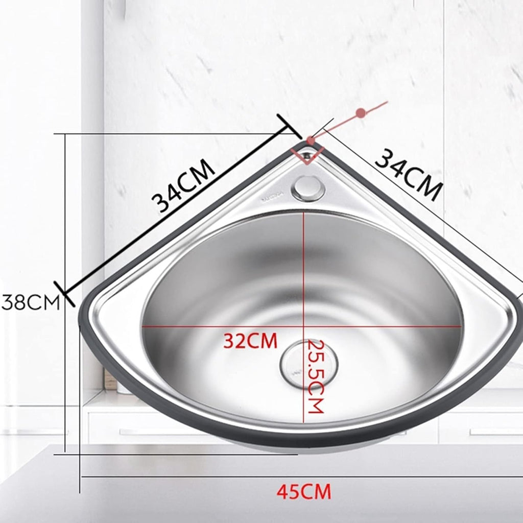 Stainless Steel Wall-Mounted Single Bowl Sink Triangle Wash Basin Thick Small Sink Corner for Kitchen Bathroom Lavatory (Color : Silver, Size : A(34x34cm)) (Silver A2(34x34cm))