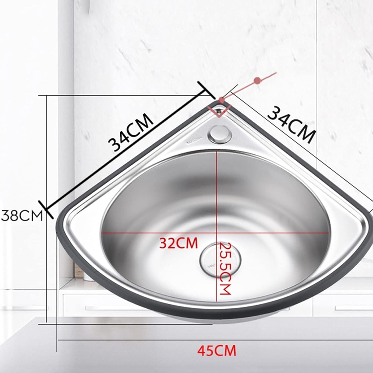 Stainless Steel Wall-Mounted Single Bowl Sink Triangle Wash Basin Thick Small Sink Corner for Kitchen Bathroom Lavatory (Color : Silver, Size : A(34x34cm)) (Silver A2(34x34cm))