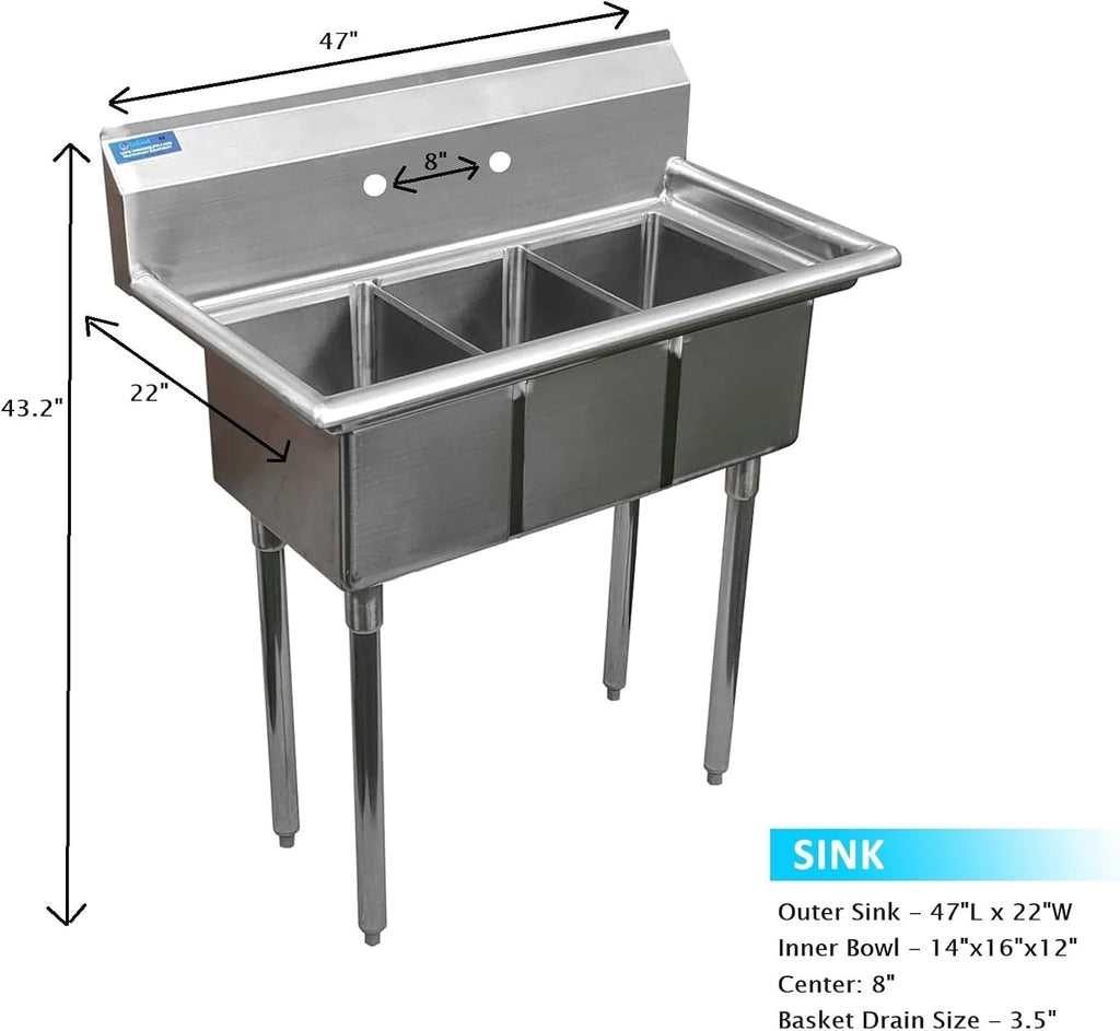 47' 3 Compartment Stainless Steel Utility Sink – Bowl Size 14' x 16' x 14' | NSF Certified Commercial Kitchen Prep Sink