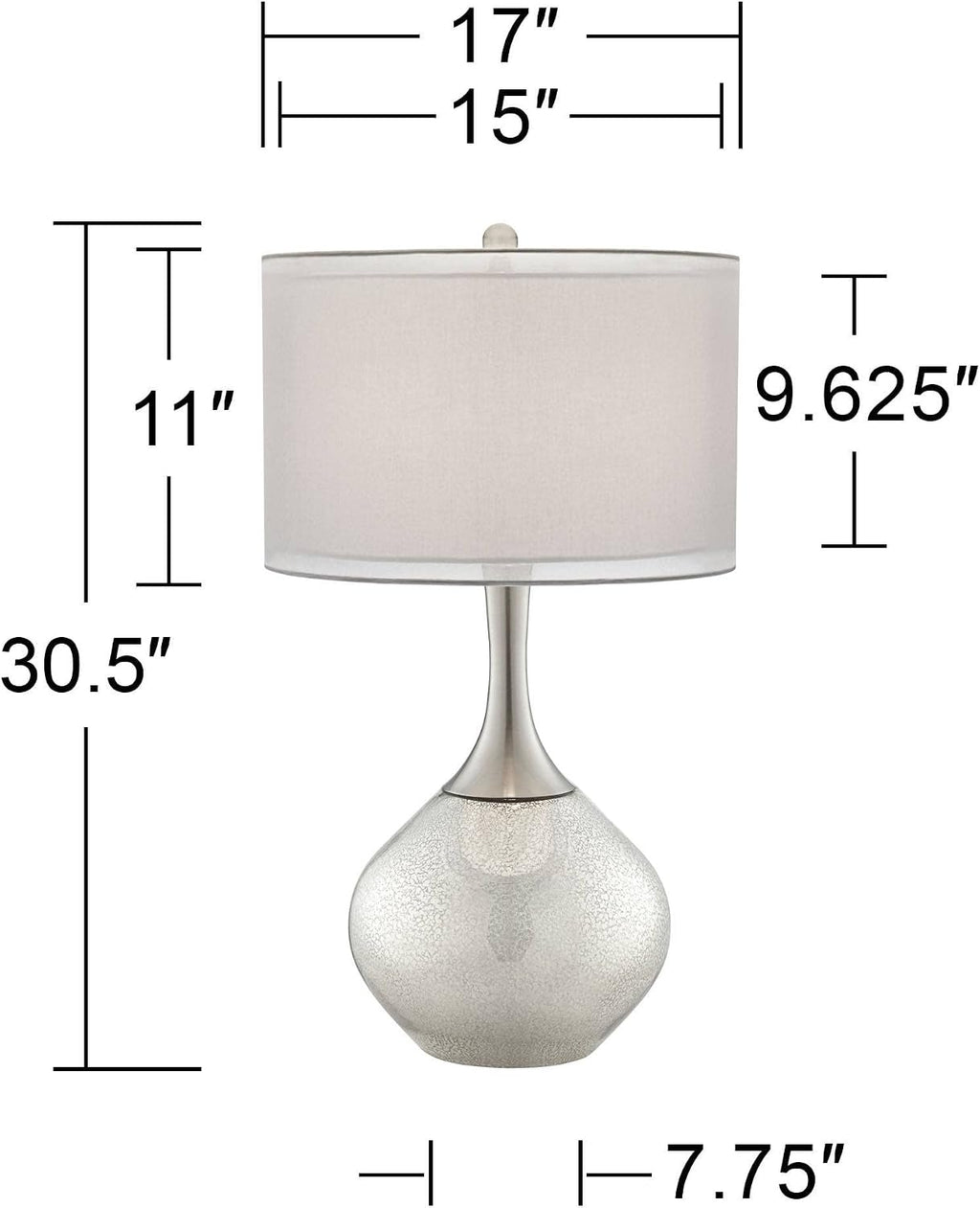 Possini Euro Design Swift Mid Century Modern Table Lamps 30.5' Tall Set of 2 Mercury Glass Chrome Double Sheer Drum Shade Decor Living Room Bedroom House Bedside Nightstand Home Office Entryway